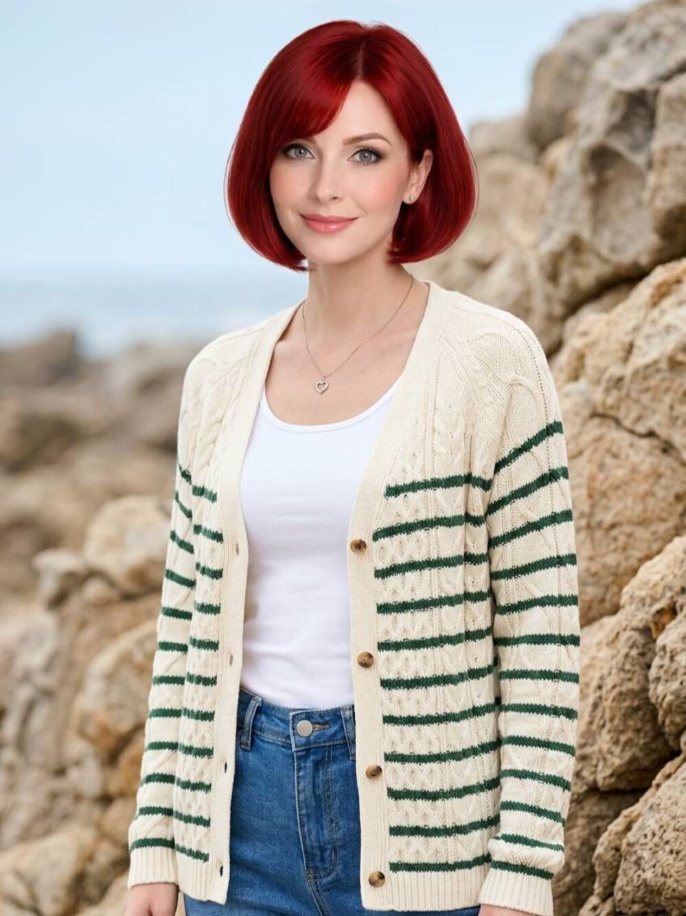 🩵NWT Green Striped Button Vneck Long Sleeve Sweater Medium